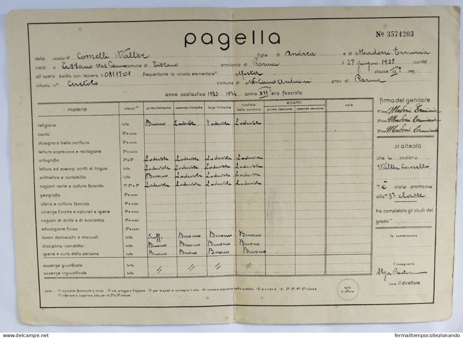 Bp161 Pagella Fascista Regno D'italia Opera Balilla Tizzano Parma 1934 - Diploma's En Schoolrapporten