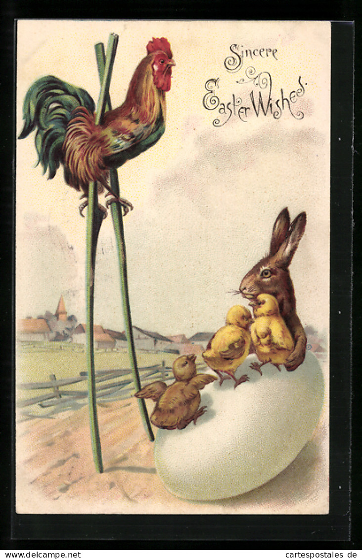 Lithographie Hahn Auf Stelzen Und Osterhase Mit Osterküken Auf Ei, Ostergruss  - Ostern