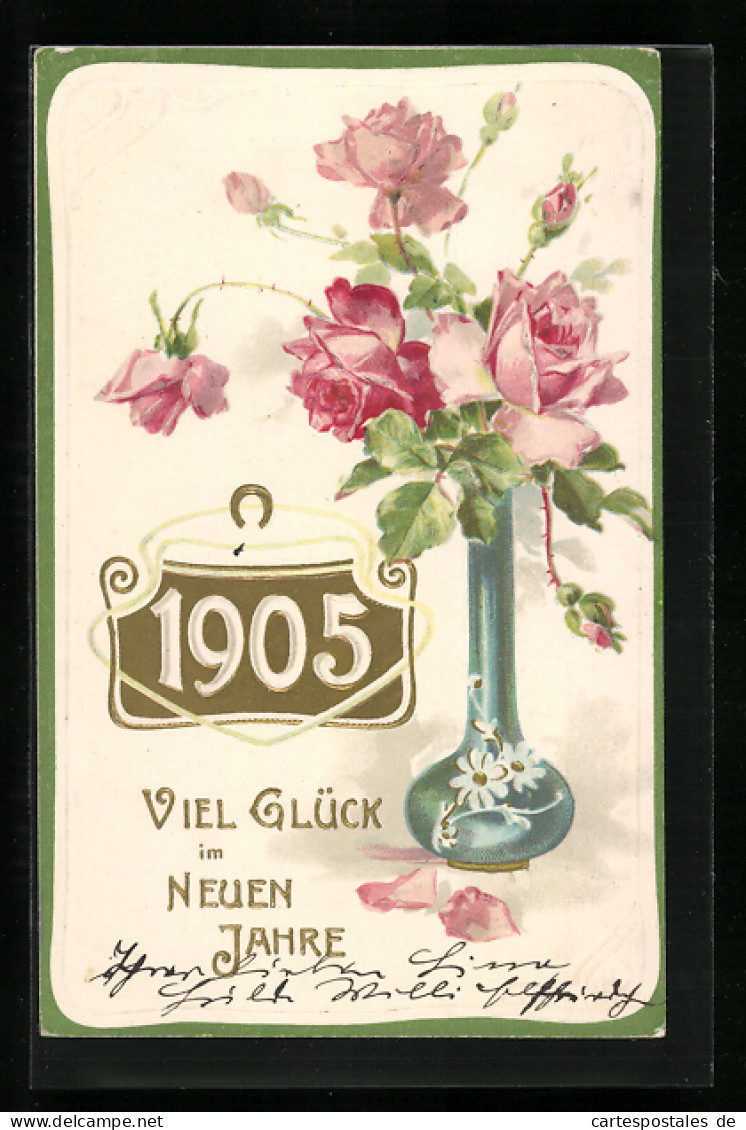AK Jahreszahl 1905 Mit Rosen In Einer Vase, Goldverzierungen  - Andere & Zonder Classificatie