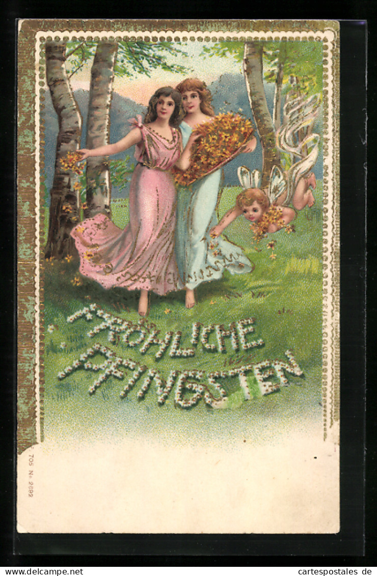 AK Fröhliche Pfingsten, Zwei Hübsche Mädchen Mit Einem Korb Voller Blüten  - Pentecôte