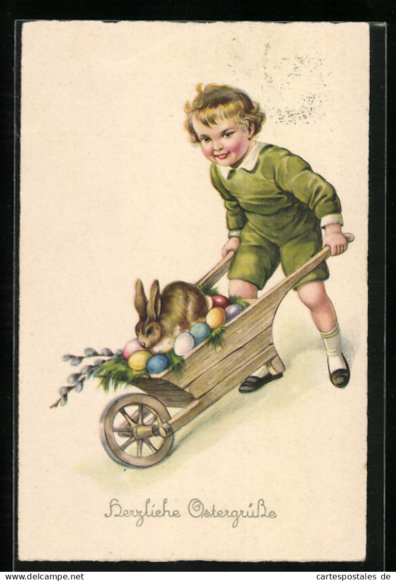 AK Junge Mit Osterhasen In Der Schubkarre  - Easter