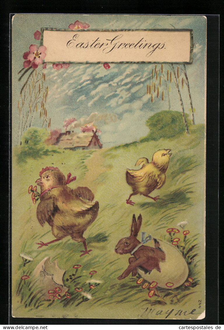 AK Osterküken Und Osterhase Auf Der Wiese  - Ostern