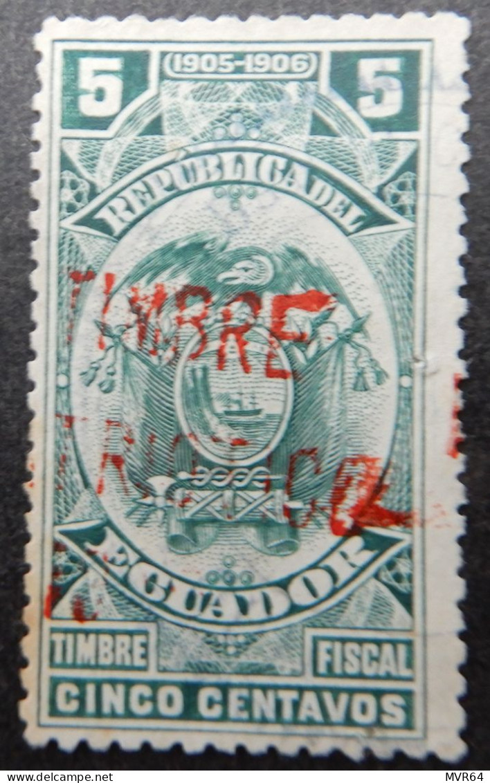 Ecuador 1910 (1) Coat Of Arms Fiscal Stamp Overprinted - Ecuador