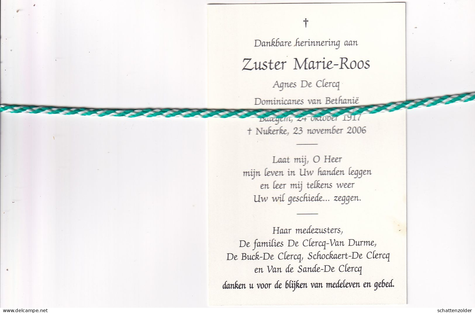 Zuster Marie-Roos (Agnes De Clercq), Balegem 1917, Nukerke 2006. Foto - Obituary Notices