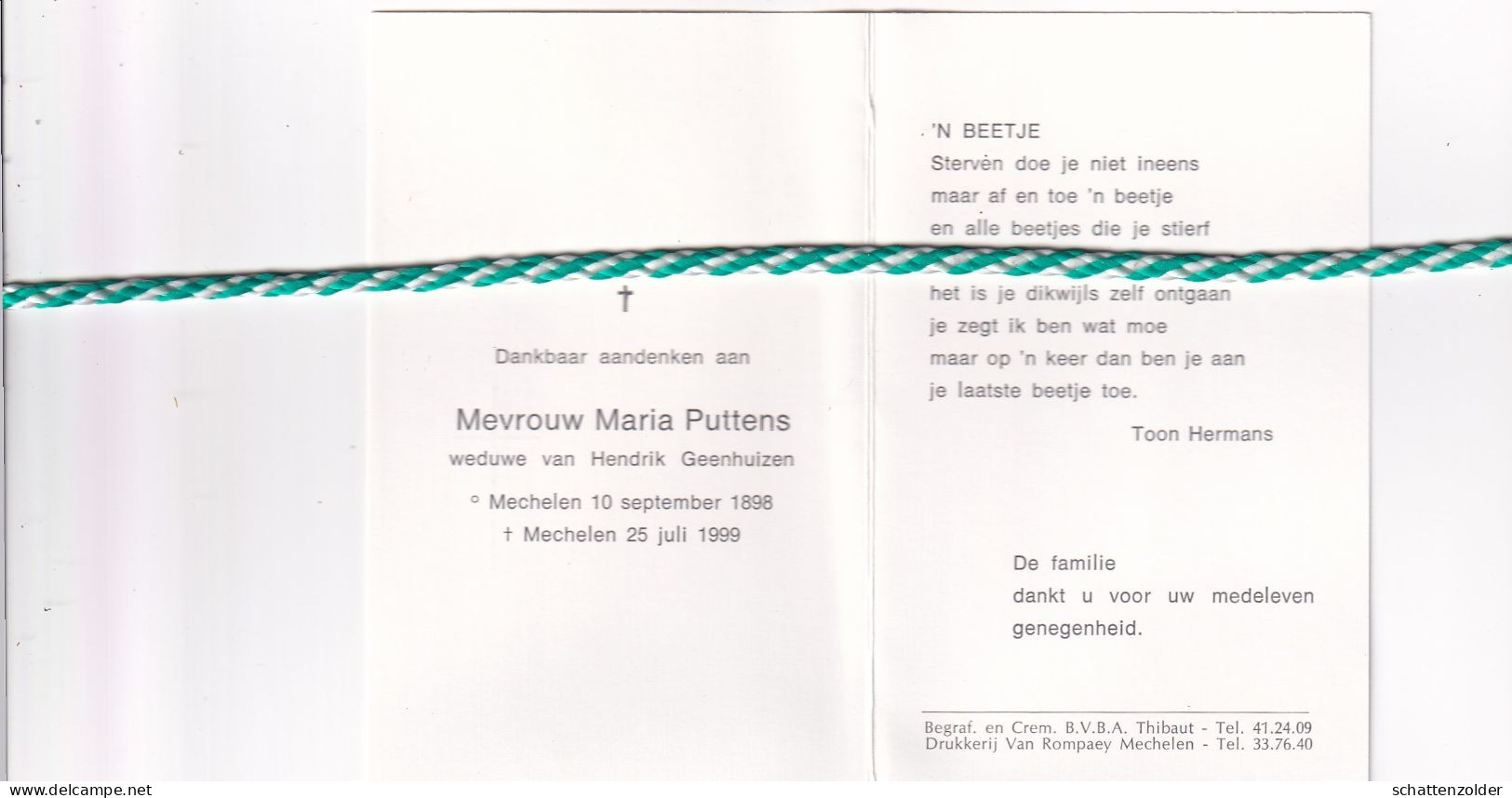 Maria Puttens-Geenhuizen, Mechelen 1898, 1999. Honderdjarige - Todesanzeige