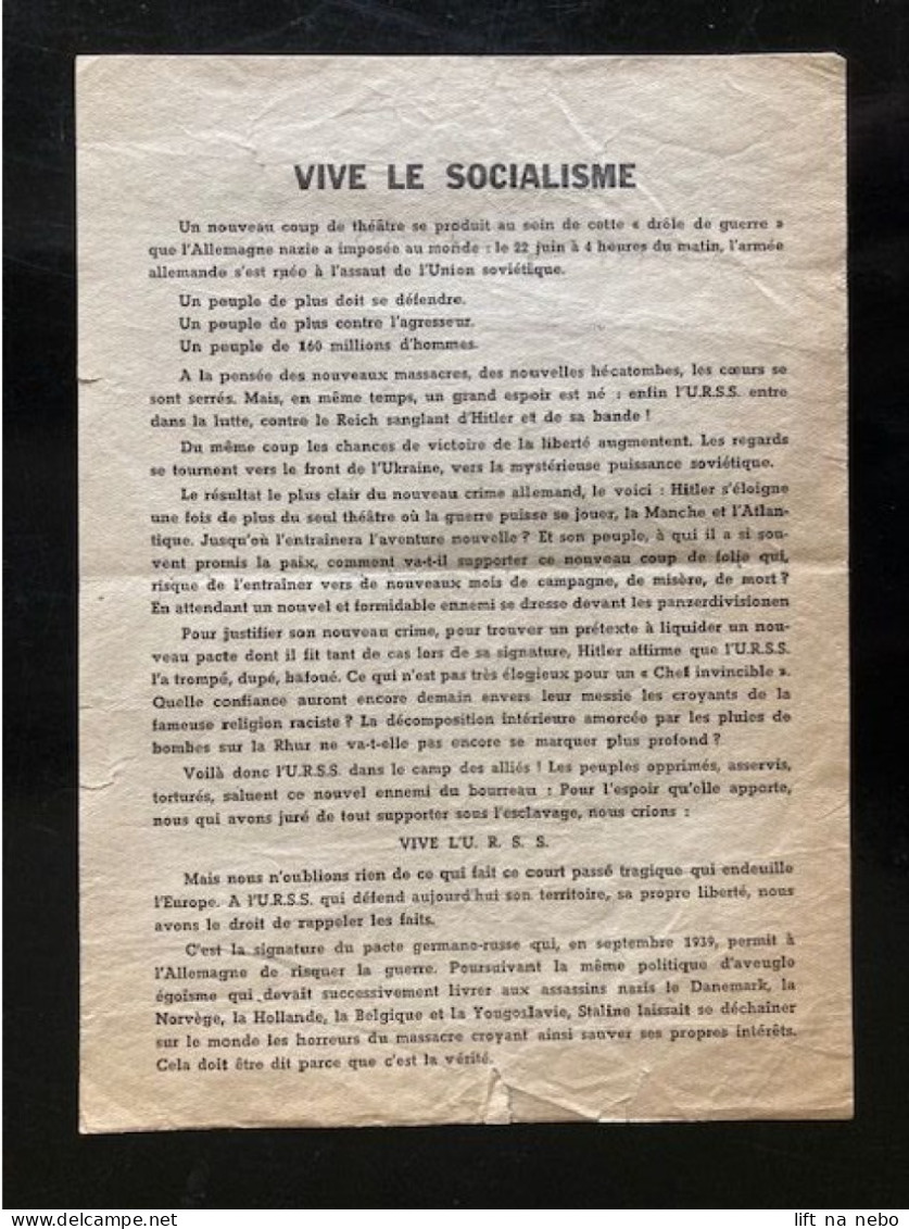 Tract Presse Clandestine Résistance Belge WWII WW2 'Vive Le Socialisme' Printed On Both Sides Of The Sheet - Documentos