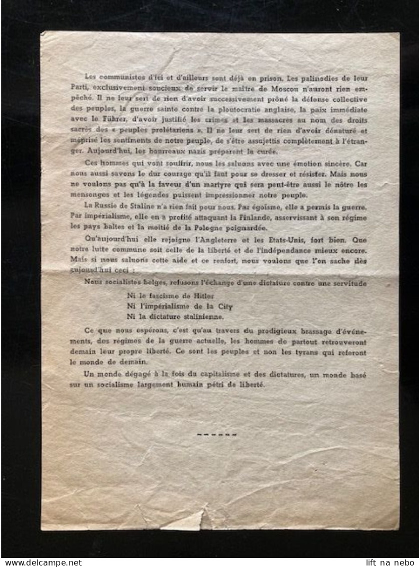 Tract Presse Clandestine Résistance Belge WWII WW2 'Vive Le Socialisme' Printed On Both Sides Of The Sheet - Documenti