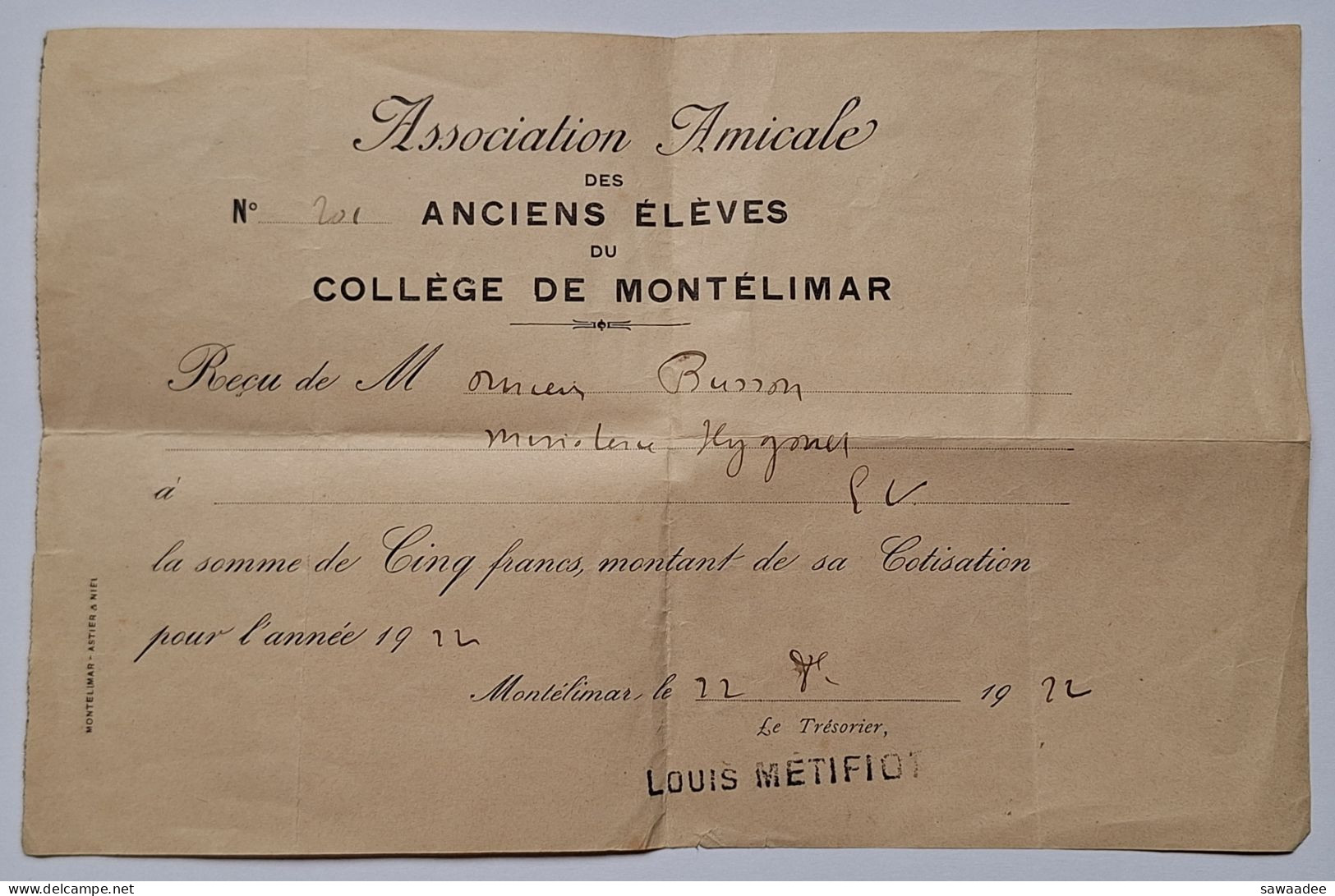 DOCUMENT - ASSOCIATION AMICALE DES ANCIENS ELEVES DU COLLEGE DE MONTELIMAR - COTISATION 1924 - Diplomas Y Calificaciones Escolares
