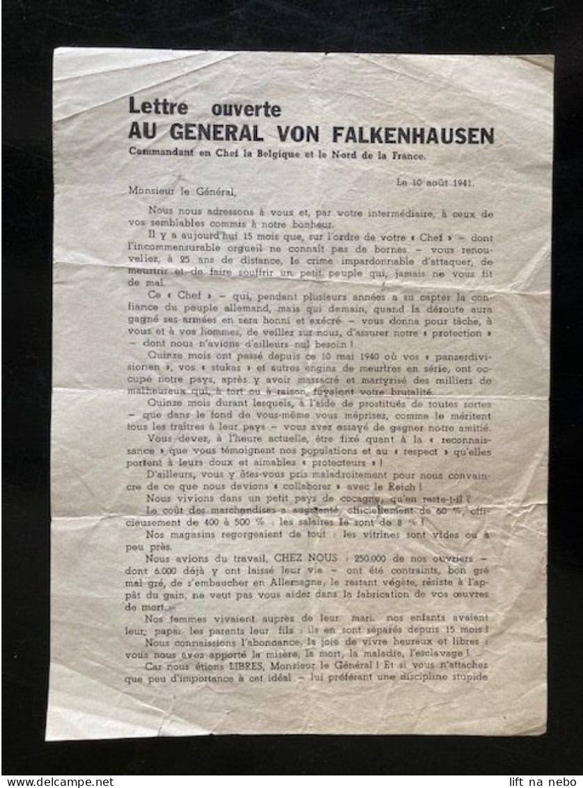 Tract Presse Clandestine Résistance Belge WWII WW2 'Lettre Ouverte Au General Von Falkenhausen' - Dokumente
