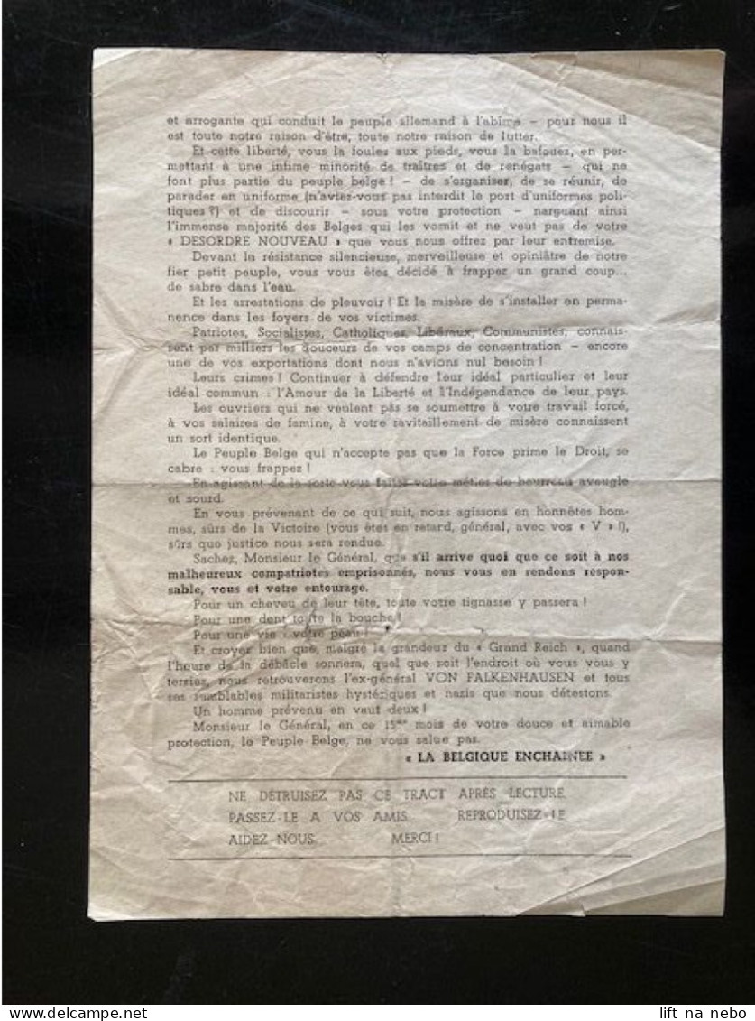 Tract Presse Clandestine Résistance Belge WWII WW2 'Lettre Ouverte Au General Von Falkenhausen' - Dokumente