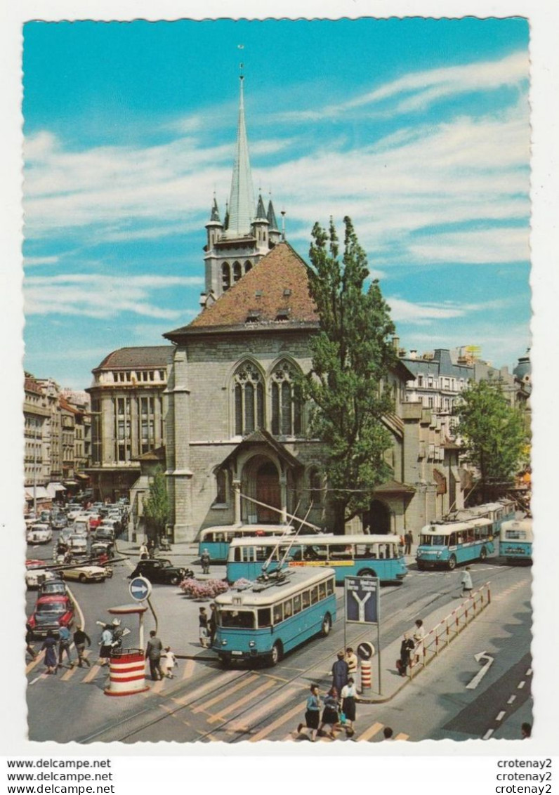 LAUSANNE Place Et Eglise St François Trolley Bus PUB Hermès Citroën Traction VW Käfer Simca P60 Mercedes Agent De Police - Lausanne