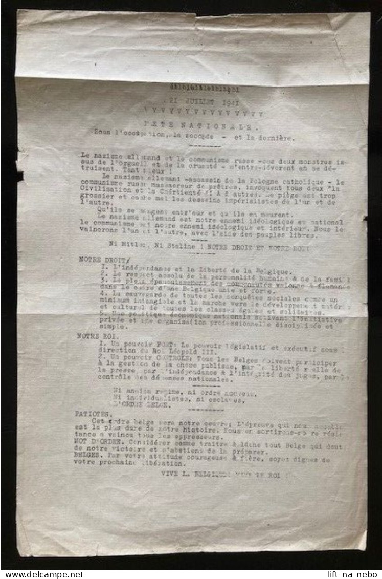 Tract Presse Clandestine Résistance Belge WWII WW2 '21 JUILLET 1941 FETE NATIONALE' - Documenten