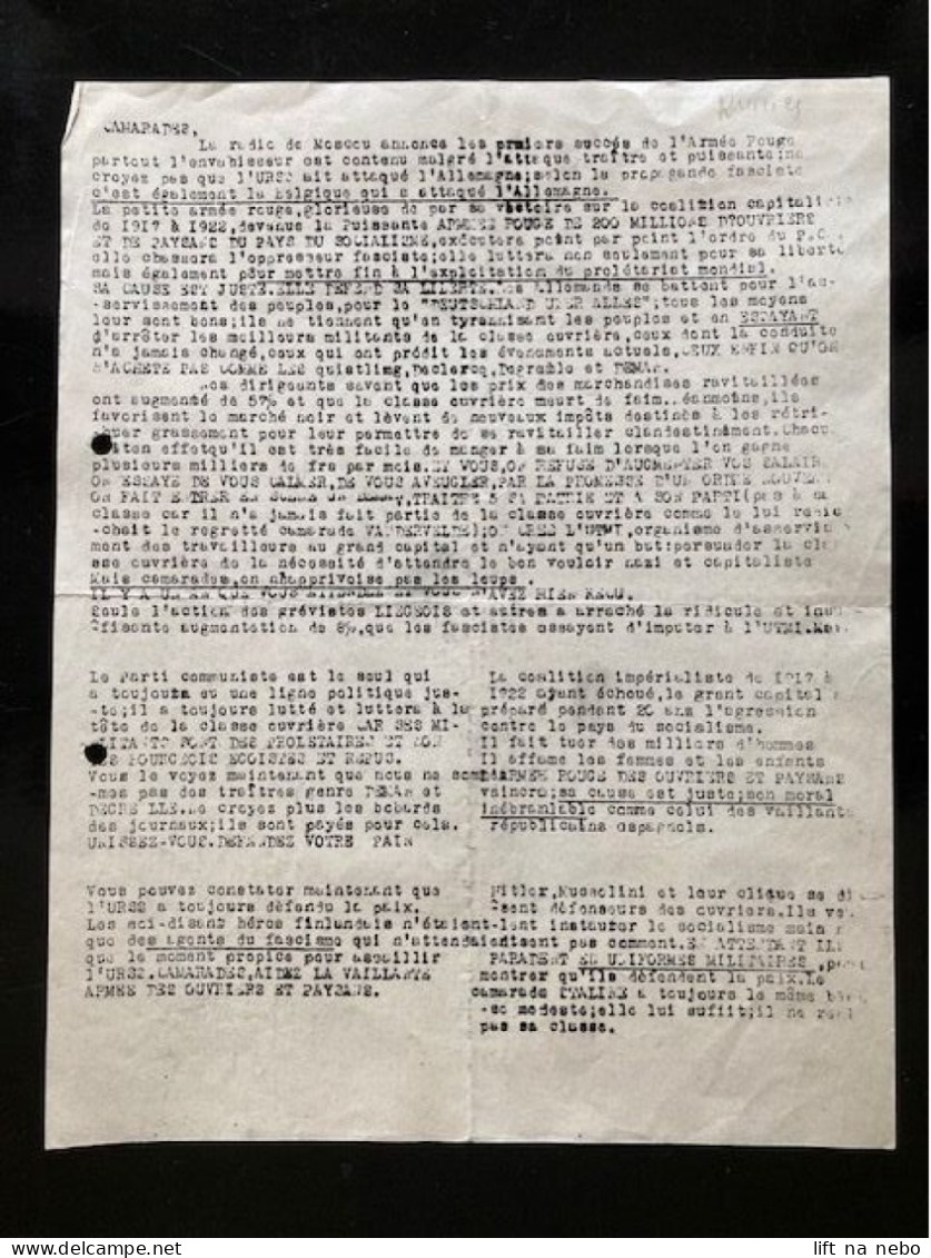 Tract Presse Clandestine Résistance Belge WWII WW2 'CAMARADES' La Radio De Moscou Annonce Les Premiers Succès De L'armée - Documenten