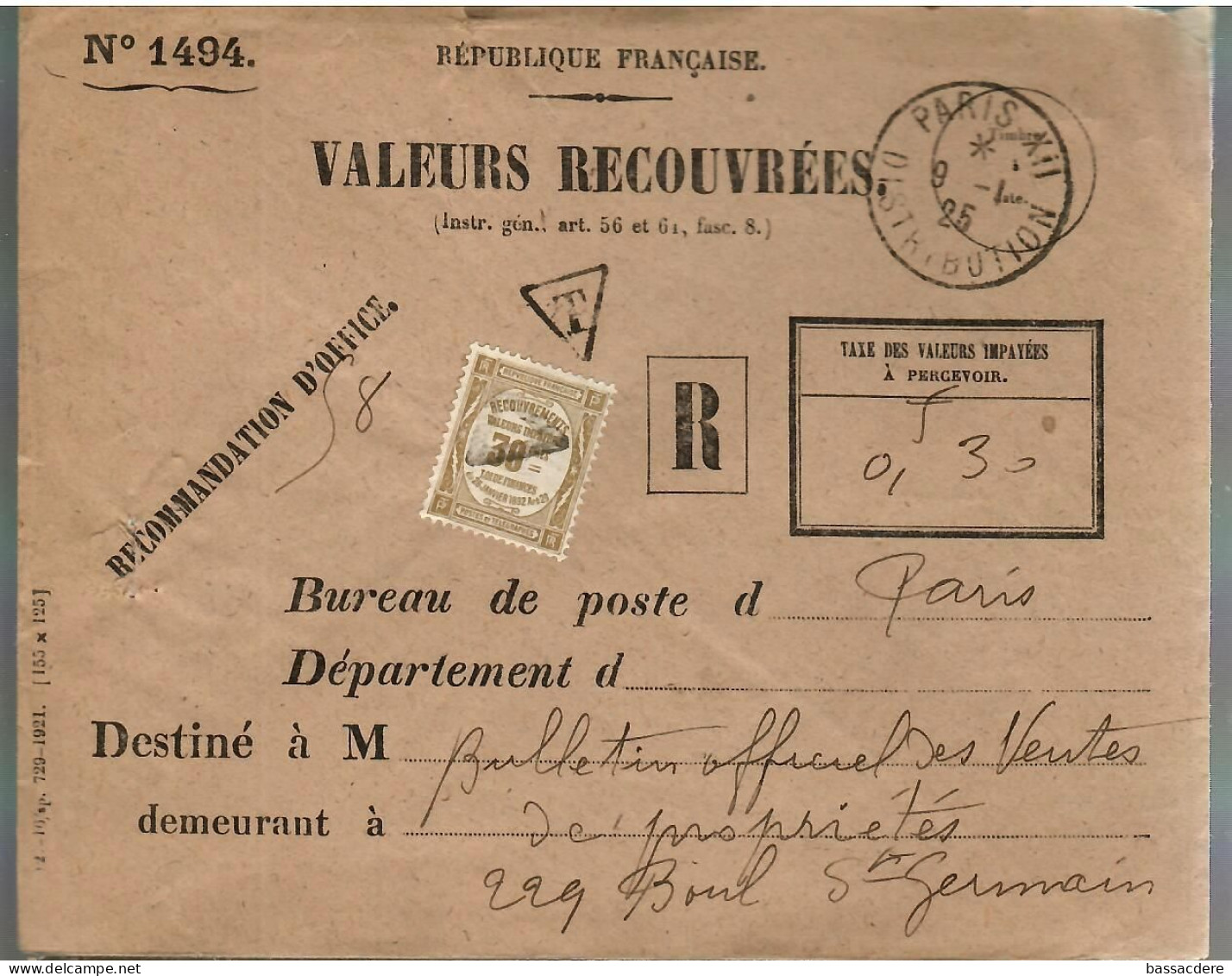 79890 - 1 TIMBRE RECOUVREMENTS - 1859-1959 Lettres & Documents
