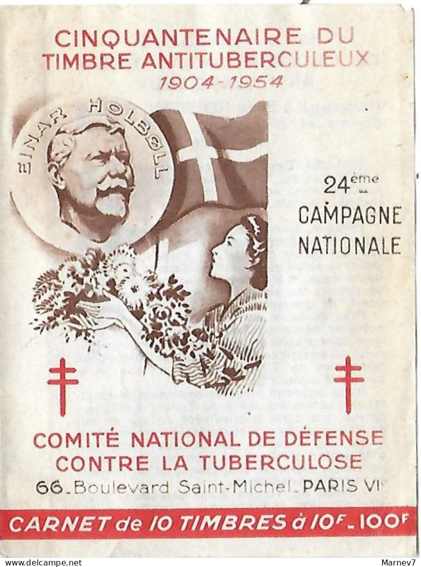 Carnet 10 Vignettes Timbre Antituberculeux Tuberculose Cinquantenaire 1904-1954 - 24ème Campagne Nationale - Pub NESTLE - Erinnofilie