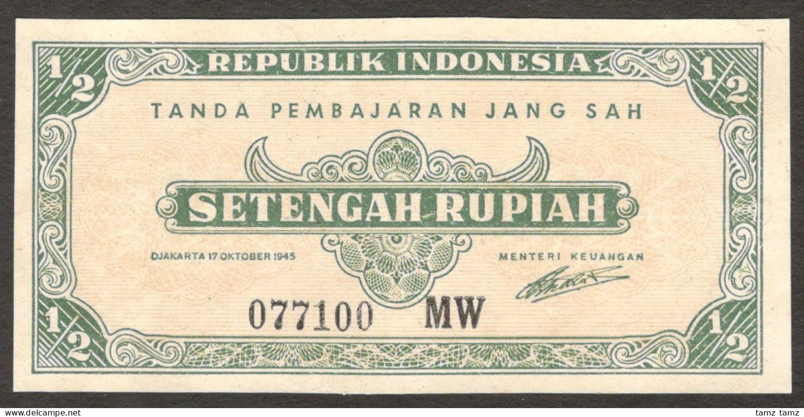 Oeang Republik Indonesia 0.5 1/2 Rupiah P-16 1945 AUNC - Indonesia
