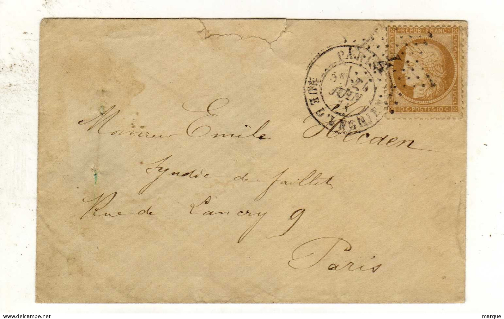 Enveloppe FRANCE Avec Timbre 10c Bistre Oblitération 24/06/1871 - 1849-1876: Klassik