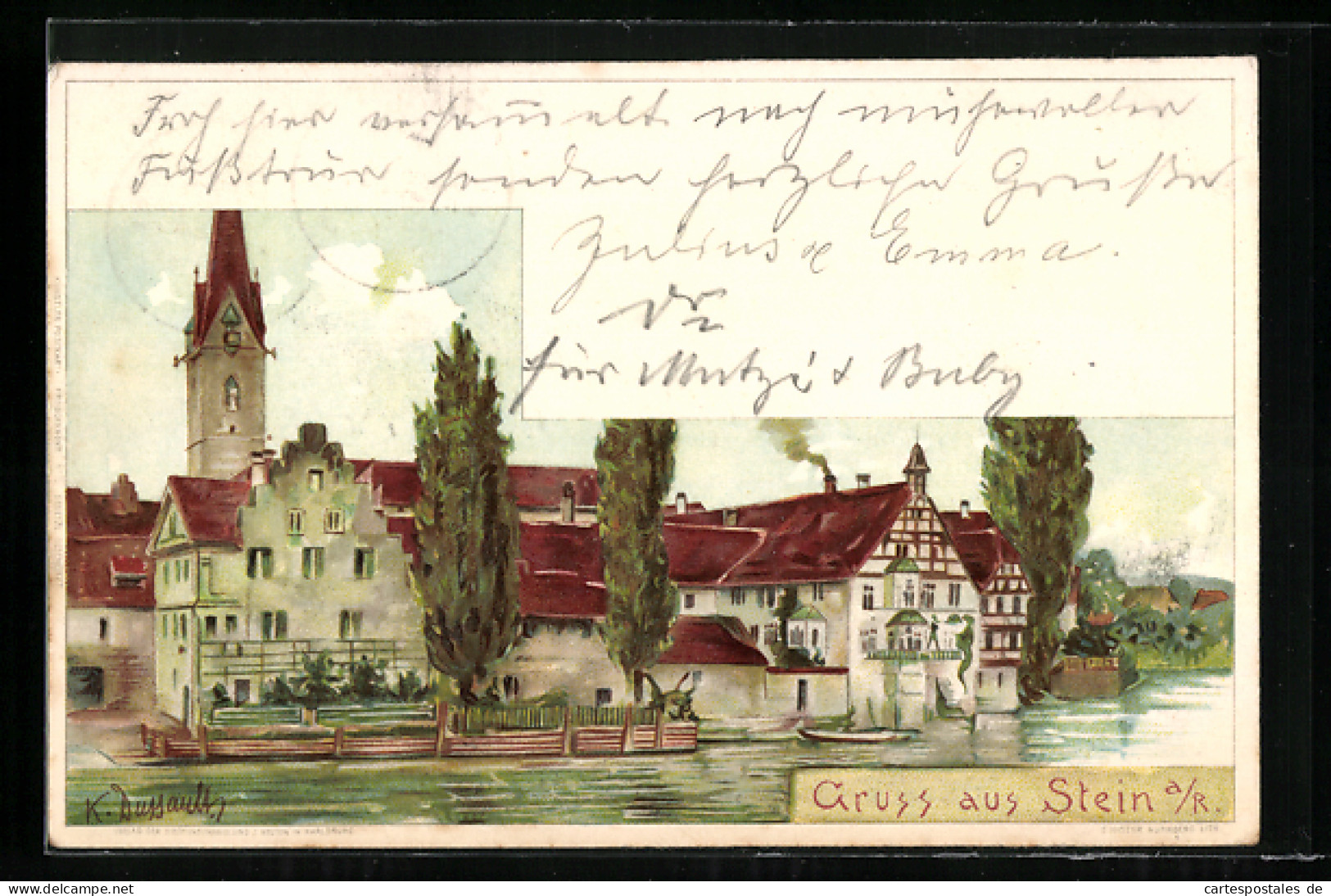 Lithographie Stein Am Rhein, Teilansicht Mit Kirche  - Stein Am Rhein