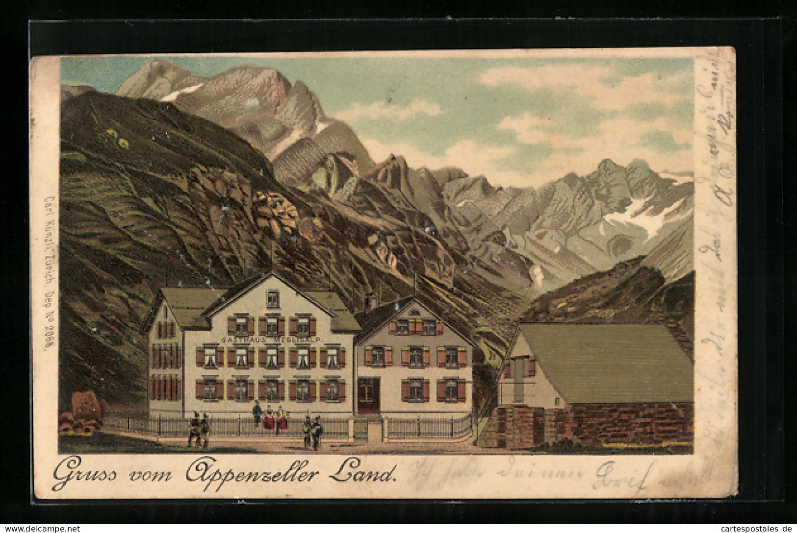 Lithographie Meglisalp, Gasthaus Meglisalp Gegen Das Gebirge  - Other & Unclassified