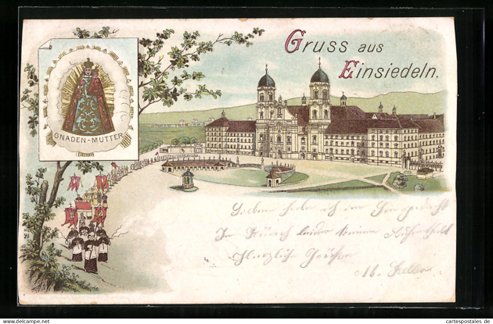 Lithographie Einsiedeln, Kloster Mit Prozession, Gnadenbild  - Einsiedeln