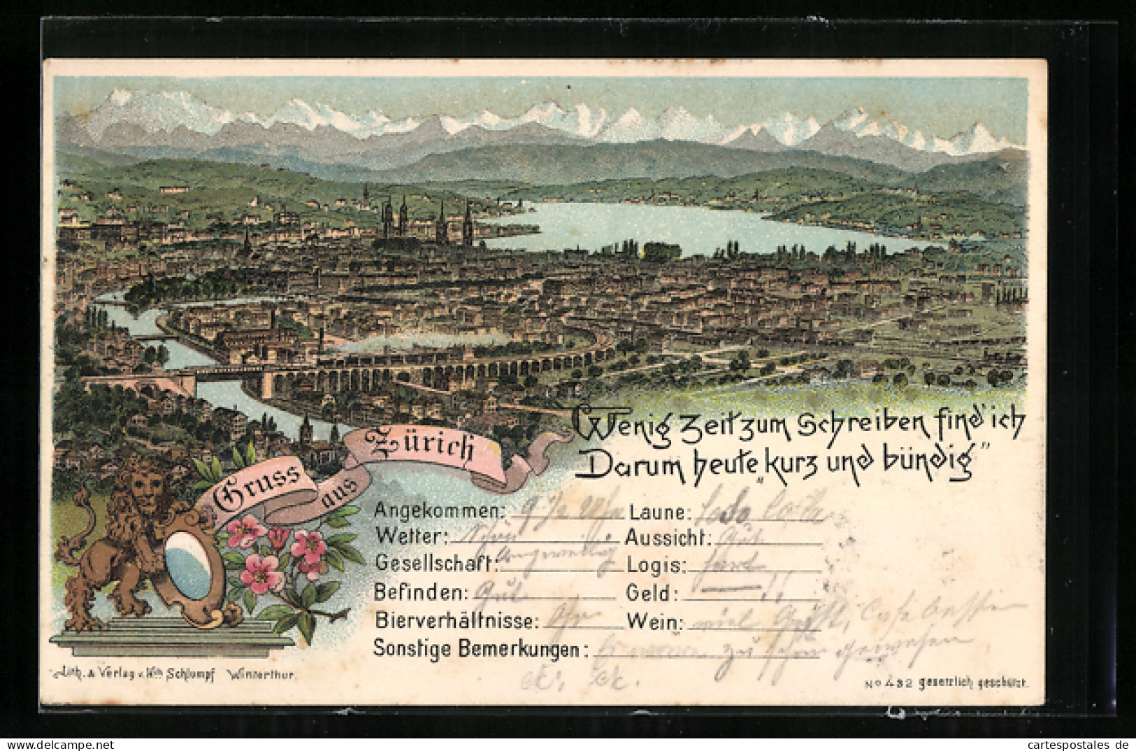 Lithographie Zürich, Ortspanorama, Löwe Mit Spiegel  - Autres & Non Classés