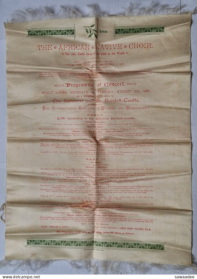 PROGRAMME IMPRIME SUR SOIE - THE AFRICAN NATIVE CHOIR - THE INTERNATIONAL CONGRESS OF HYGIENE AND DEMOCRAPHY - 1891 - Other & Unclassified