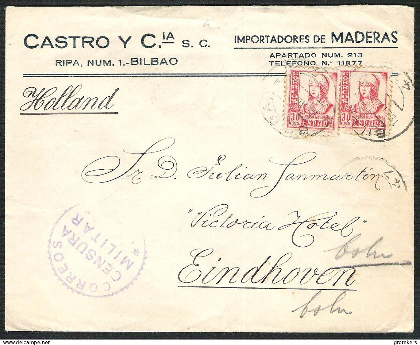 SPAIN Letter 1939 ? From Bilbao To Eindhoven (Netherlands) Censored Censura Militar Correos Bilbao? - Brieven En Documenten