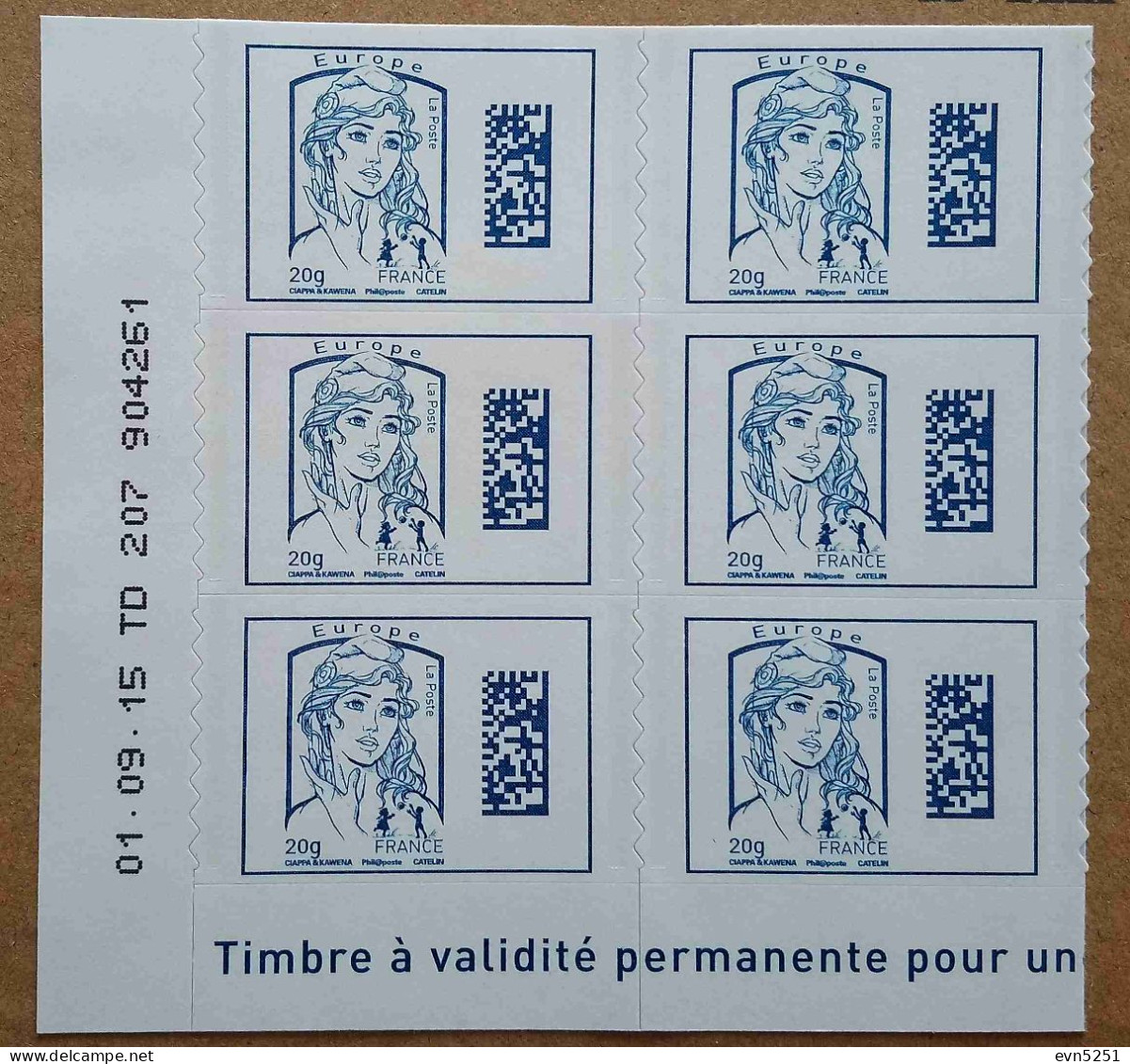 A3-N8 : Marianne De Ciappa Et Kawena Europe 20 G Bleu Ciel Avec Bdf Daté (autocollants / Autoadhésifs) - Unused Stamps