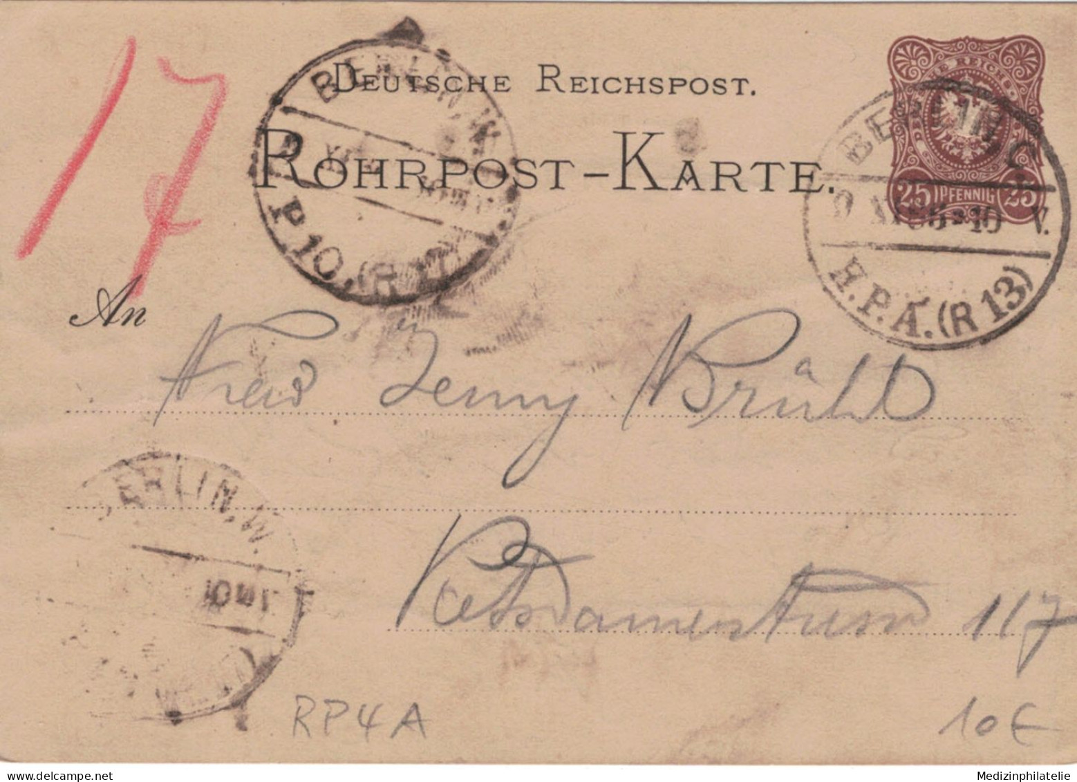 Rohrpost-Karte 25 Pf. Adler In Ellipse - 4 A - Berlin H.P.A. 1886 13 > 17 - Postcards