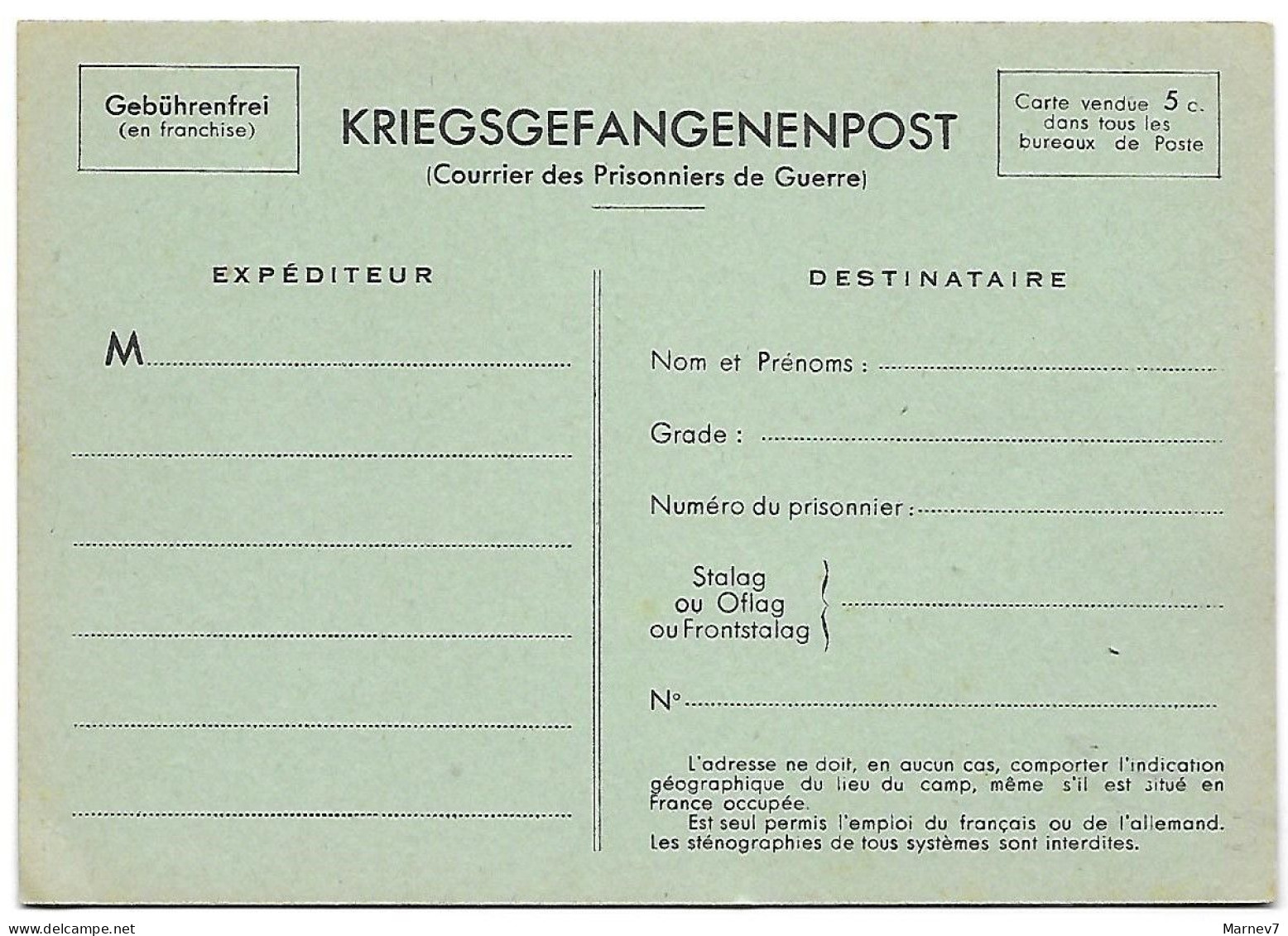 Carte Postale Militaire - Guerre 1939-1945 - Courrier Des Prisonniers - Kriegsgefangenenpost - En Franchise - Poste - Briefe U. Dokumente