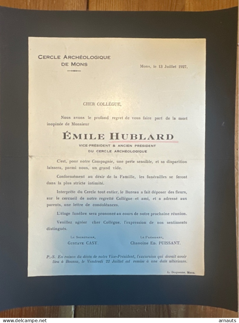 Monsieur Emile Hublard President Du Cercle Archeologique +1927 Mons ( Casy & Puissant ) - Obituary Notices
