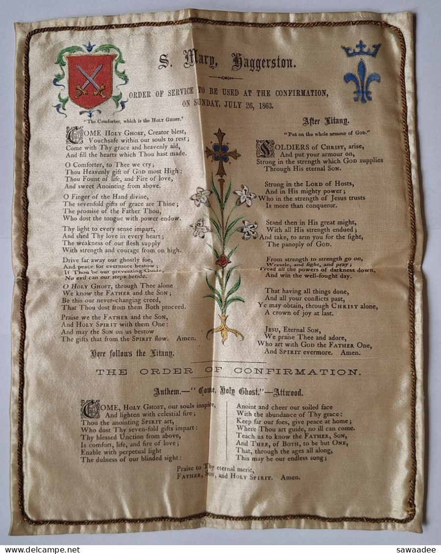 DOCUMENT IMPRIME SUR SOIE - ST MARY HAGGERSTON -LONDRES - ORDER OF SERVICE BE USED AT THE CONFIRMATION - ARMOIRIE - 1863 - Religion &  Esoterik