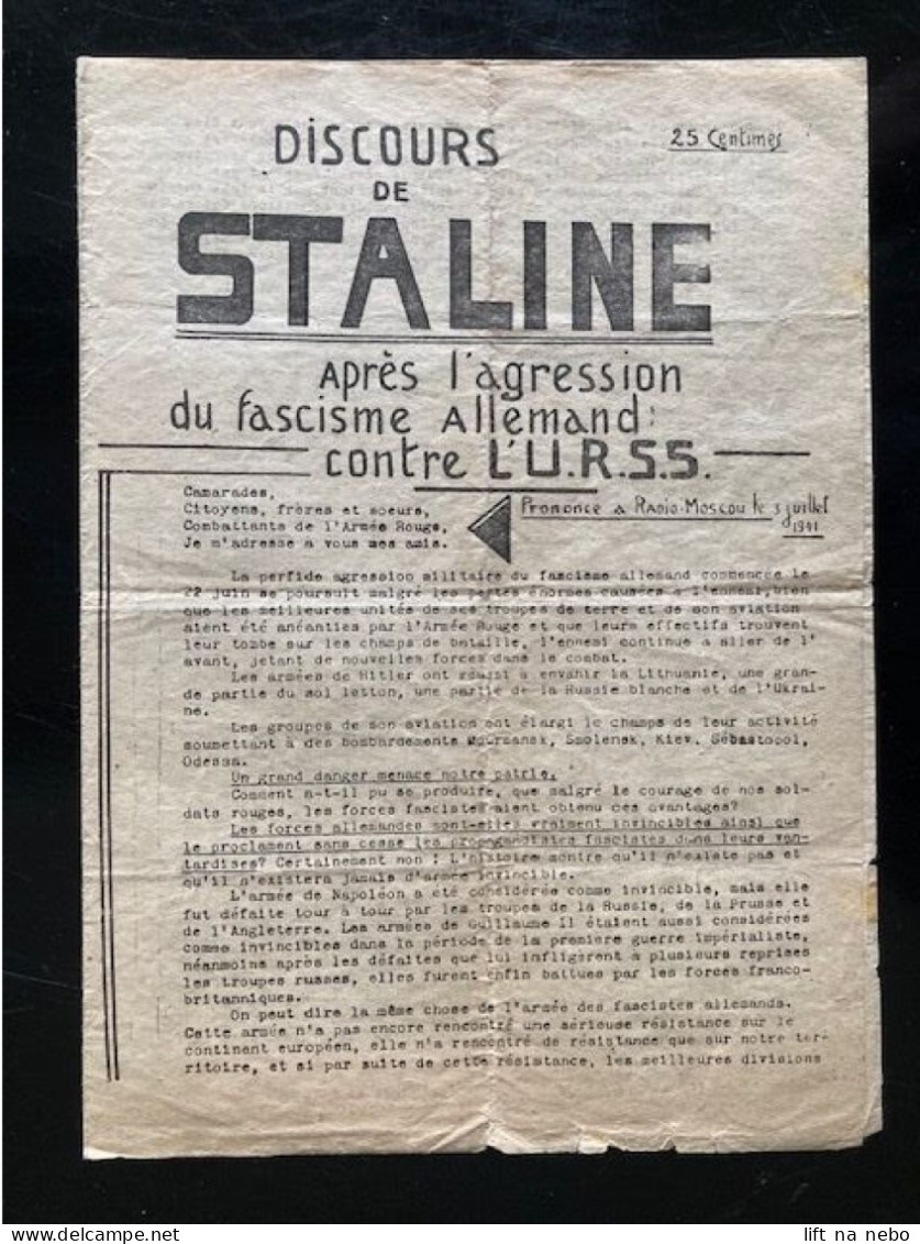 Tract Presse Clandestine Résistance Belge WWII WW2 'Discours De Staline Après L'agression Du Fascisme Allemand' 4 Pages - Documents