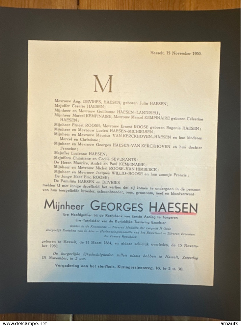 G. Haesen Hoofdgriffier Rechtbank Eerste Aanleg Tongeren *1884 Hasselt +1950 Hasselt Turnkring Excelsior Van Kerckhoven - Overlijden