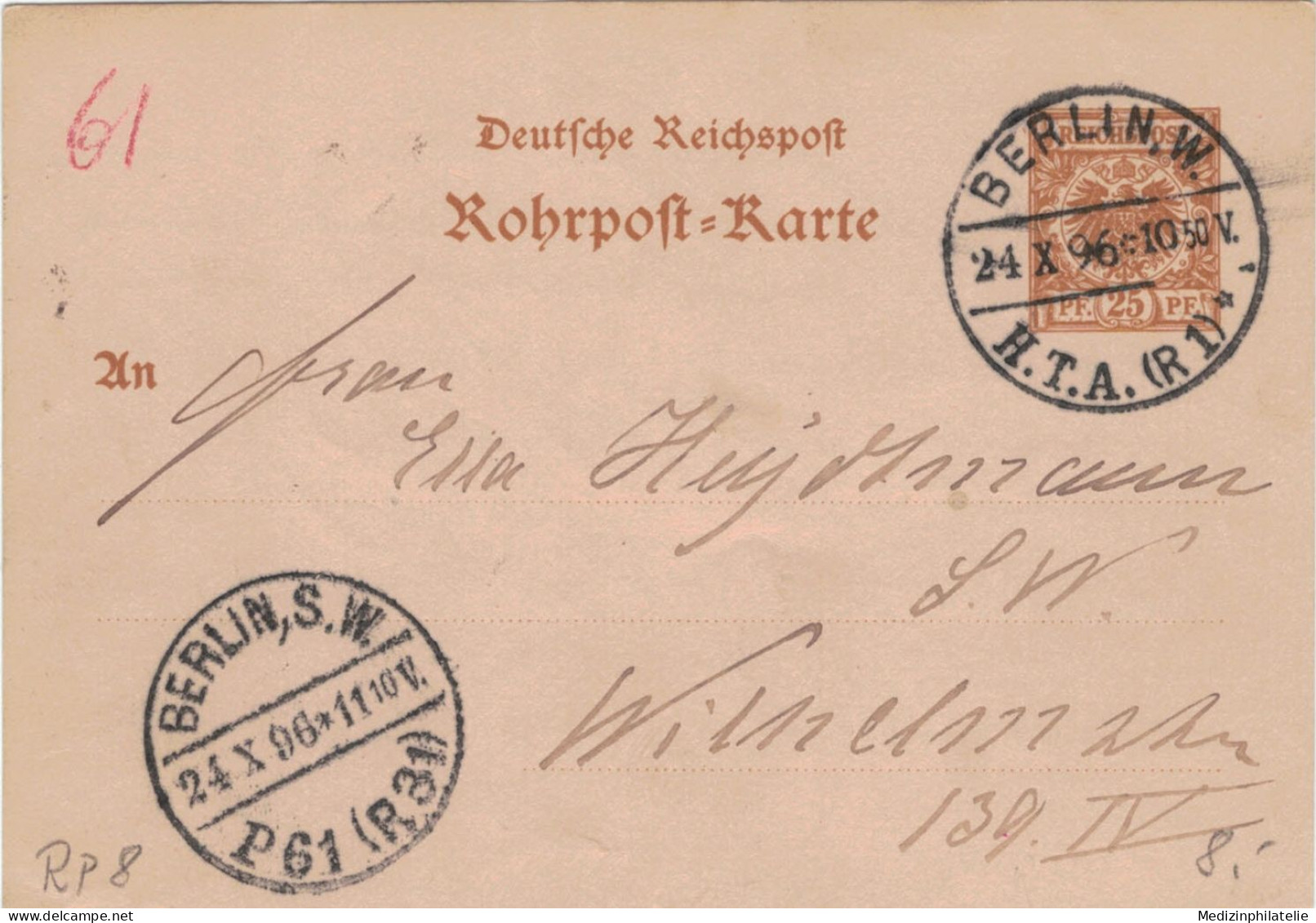 Rohrpost-Karte 25 Pf. Adler Im Kreis - 8 - Berlin HTA 1 1896 10:50 > P61 (R31) 11:10 - Tarjetas