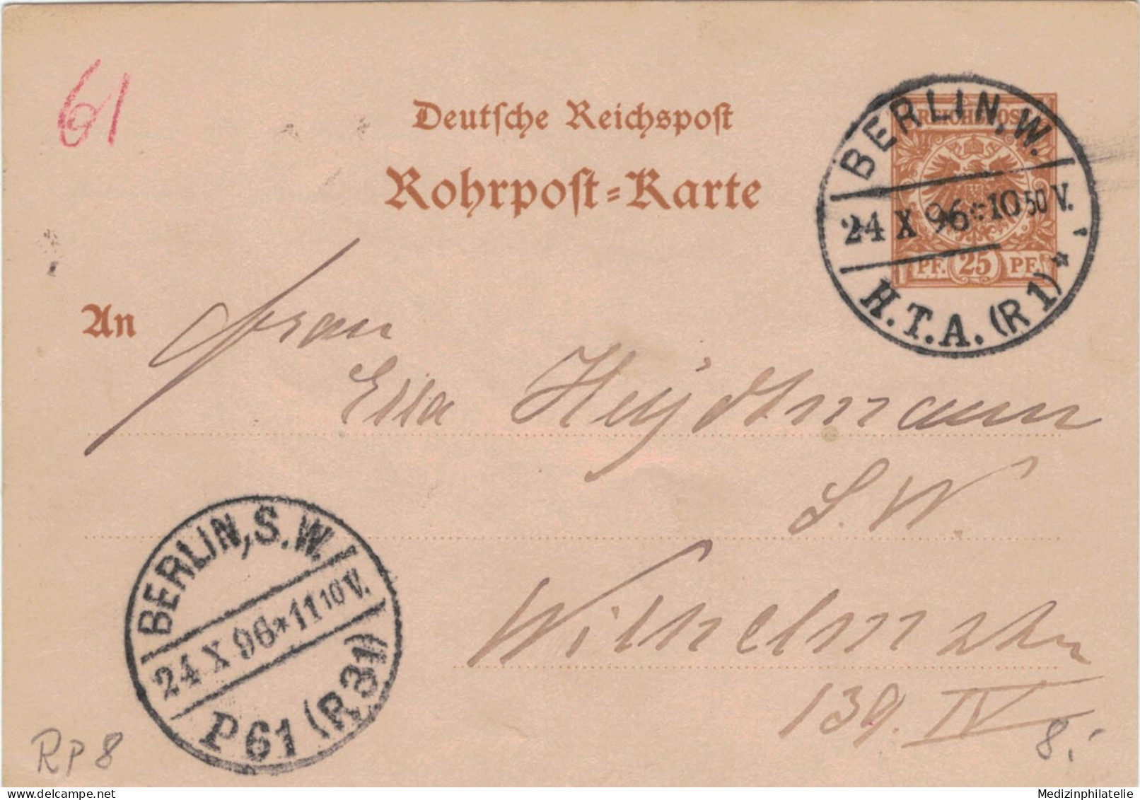 Rohrpost-Karte 25 Pf. Adler Im Kreis - 8 - Berlin HTA 1 1896 10:50 > P61 (R31) 11:10 - Cartes Postales