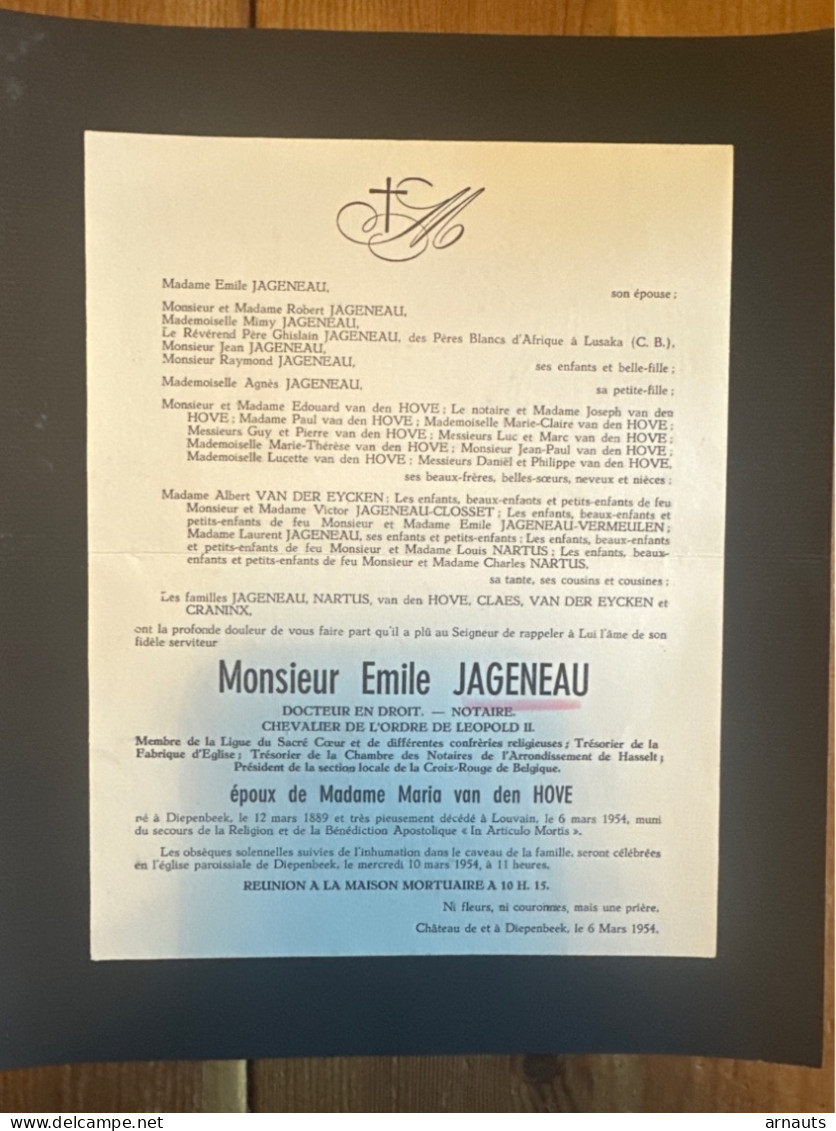 Emile Jageneau Notaire Ep. Van Den Hove *1889 Chateau De Diepenbeek +1954 Louvain Croix-Rouge De Belgische Nartus Cranin - Todesanzeige