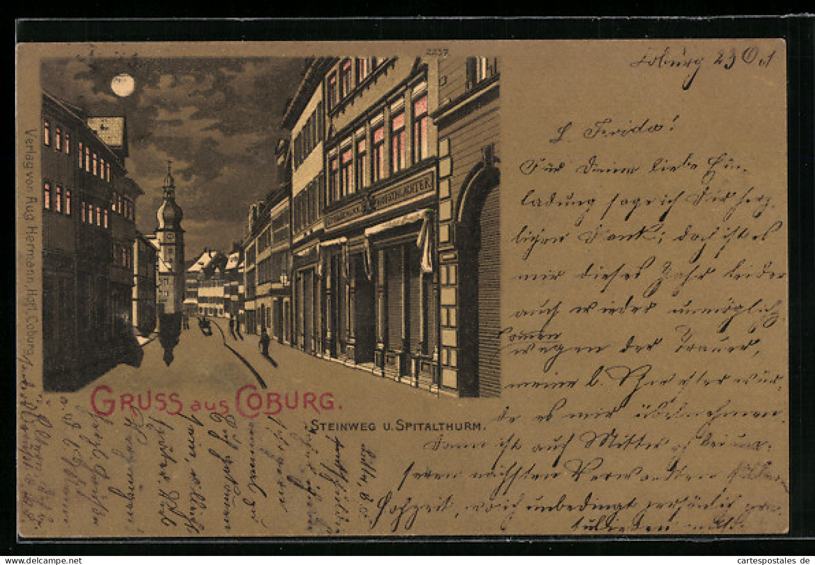 Mondschein-Lithographie Coburg, Blick Auf Steinweg U. Spitalthurm  - Coburg