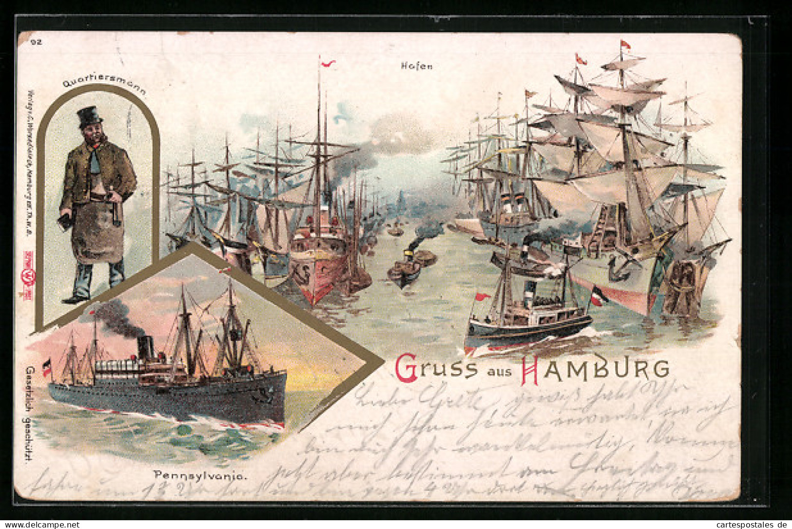 Lithographie Hamburg, Hafen, Quartiersmann, Passagierschiff Pennsylvania  - Dampfer