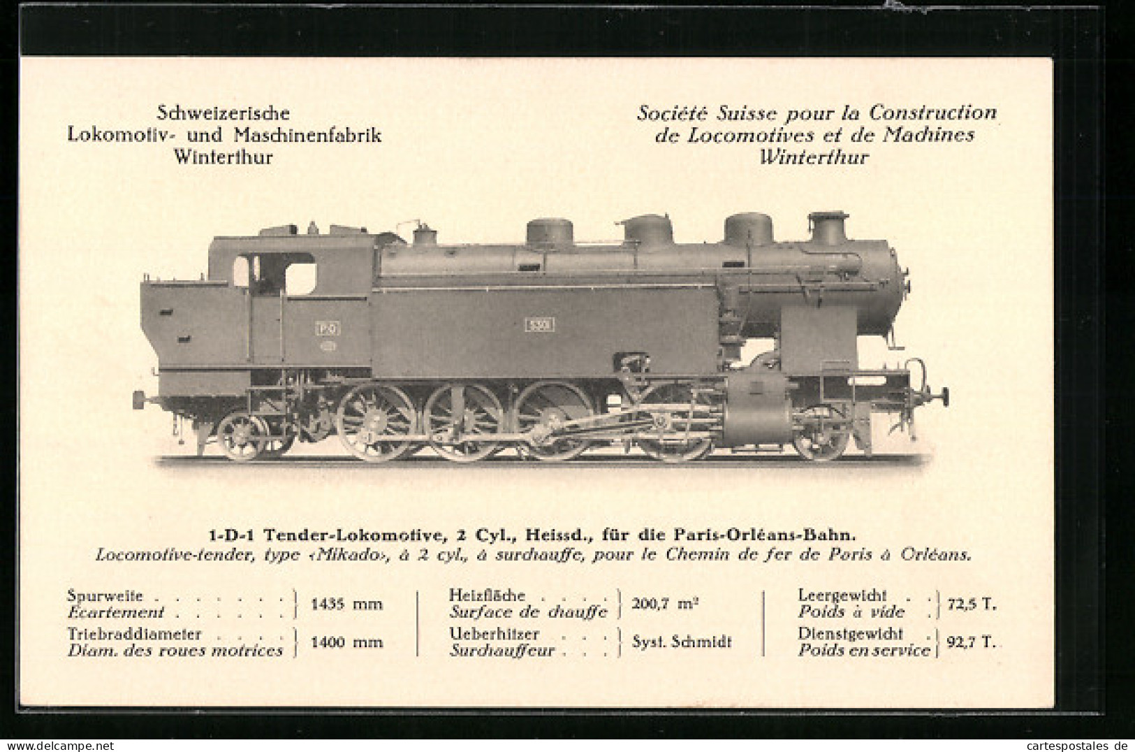 AK Schweizerische Lokomotiv- Und Maschinenfabrik Winterthur, 1-D-1 Tender-Lokomotive, 2 Cyl. Heissd., Paris-Orléans-B  - Treni