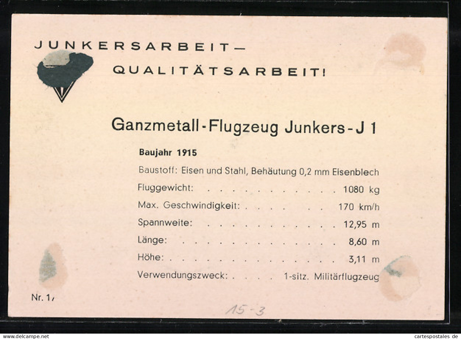 AK Ganzmetall-Flugzeug Junkers-J 1, Baujahr 1915  - 1914-1918: 1a Guerra