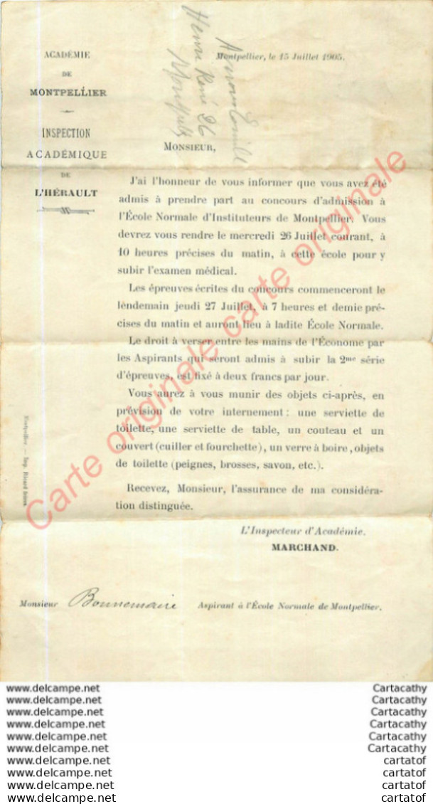 Montpellier Inspection Académique Hérault . Admission à L'Ecole Normale D'Instituteurs 1905 Aspirant BONNEMAIRE - Unclassified