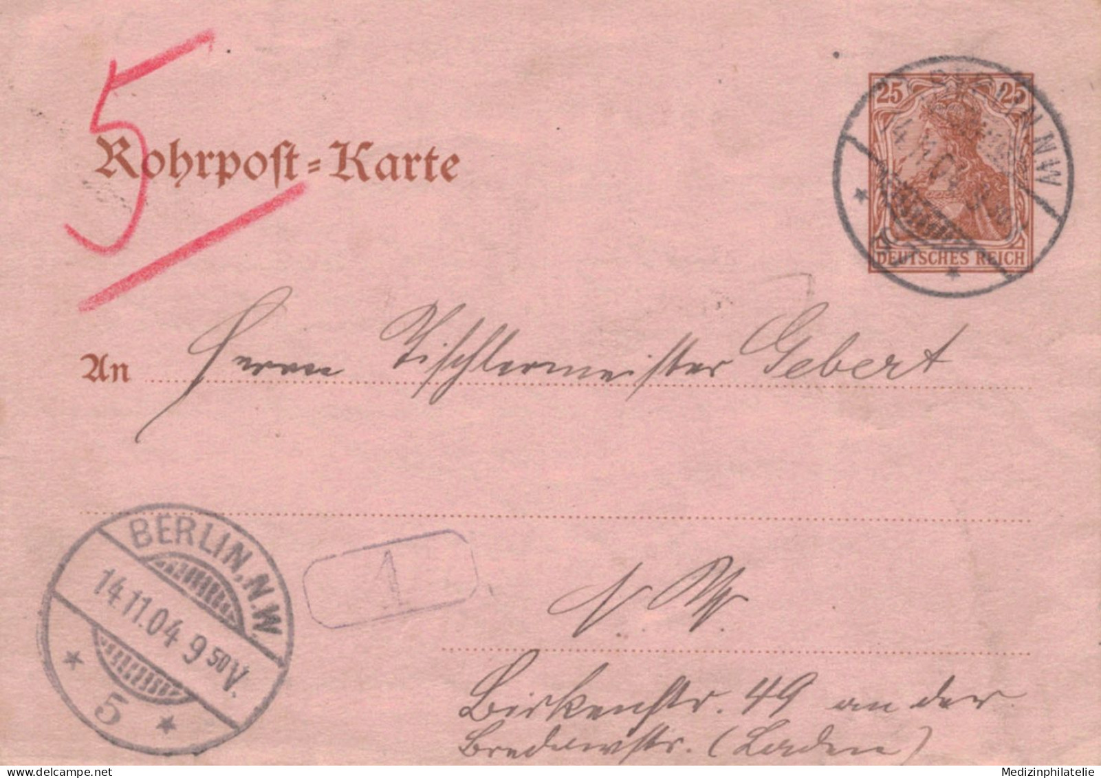 Rohrpost-Karte 25 Pf. Germania - Berlin 87 1904 > 5 09:50 - Tarjetas