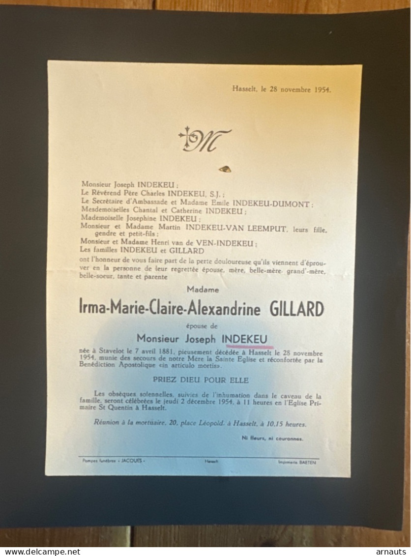 Madame Irma Gillard Ep. Joseph Indekeu *1881 Stavelot +1954 Hasselt Dumont Van Leemput Van De Ven - Todesanzeige