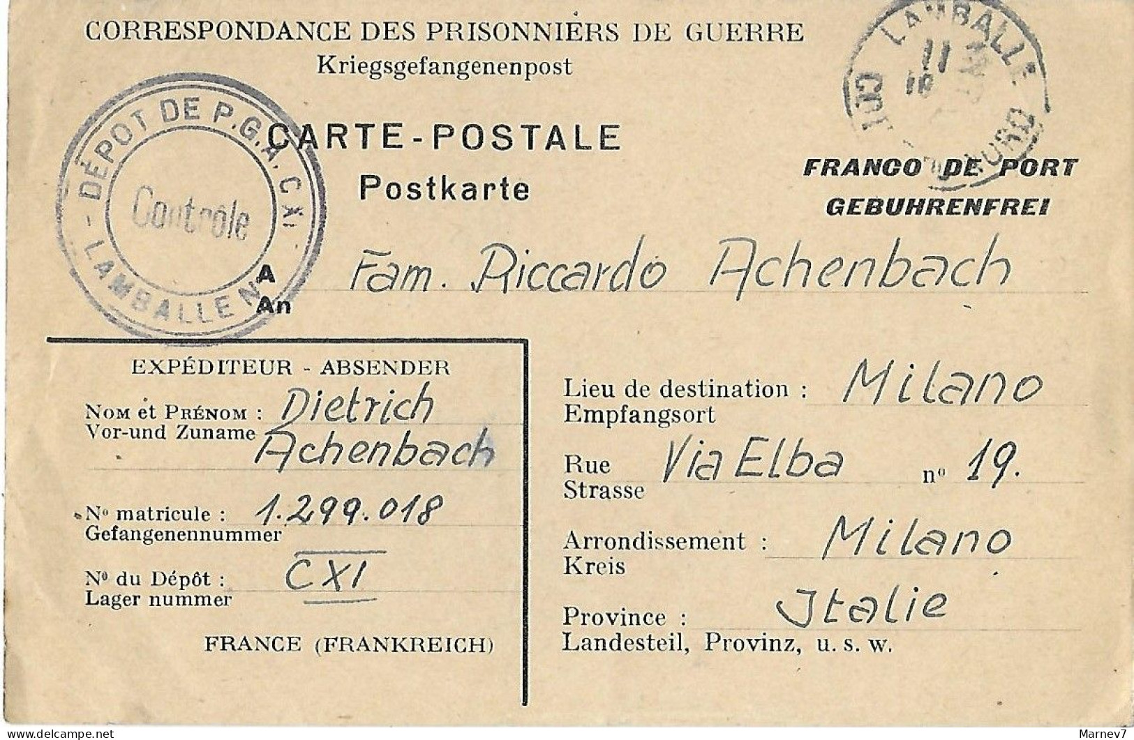 Carte Postale - Guerre 1939-1945 - Correspondance Des Prisonniers Kriegsgefangenenpost - Franchise Franco Lamballe 1947 - Covers & Documents