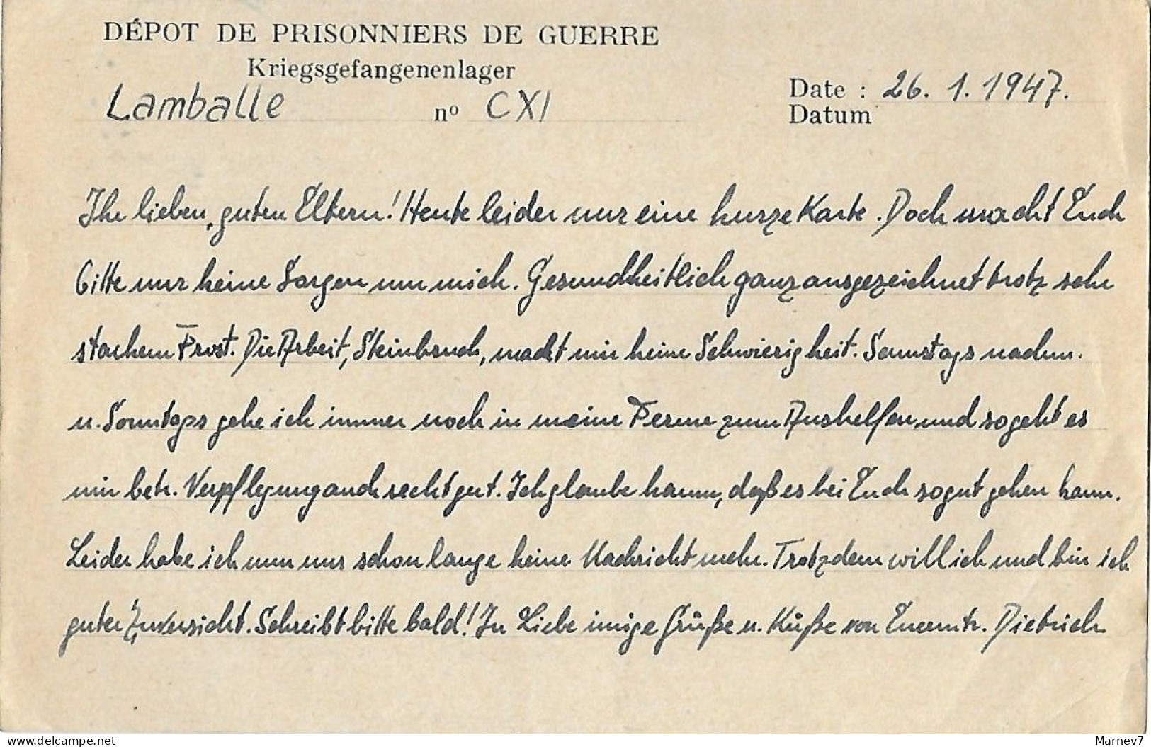 Carte Postale - Guerre 1939-1945 - Correspondance Des Prisonniers Kriegsgefangenenpost - Franchise Franco Lamballe 1947 - Brieven En Documenten