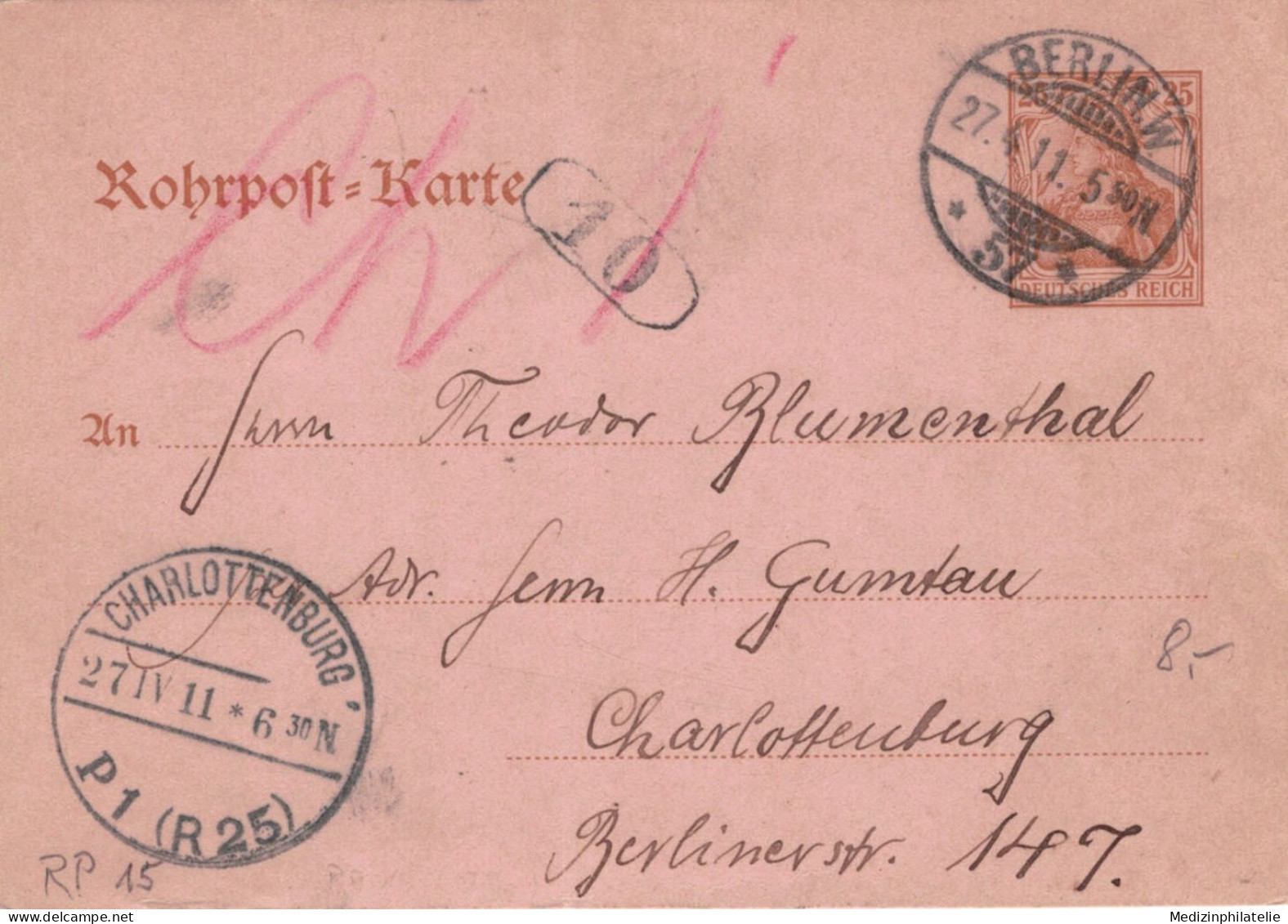 Rohrpost-Karte 25 Pf. Germania - Berlin 57 1911 05:50 > Charlottenburg P1 R25 06:30 - Postcards