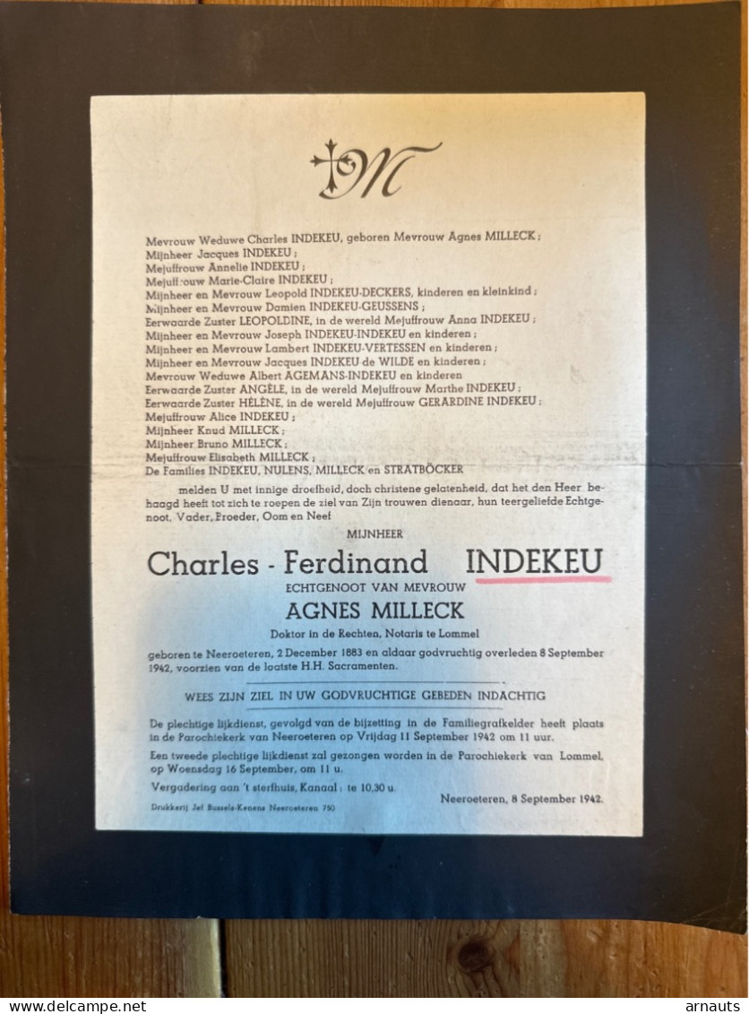 Charles Ferdinand Indekeu Echtg Milleck Agnes Notaris Lommel *1883 Neeroeteren +1942 Neeroeteren Nulens Stratbocker - Obituary Notices