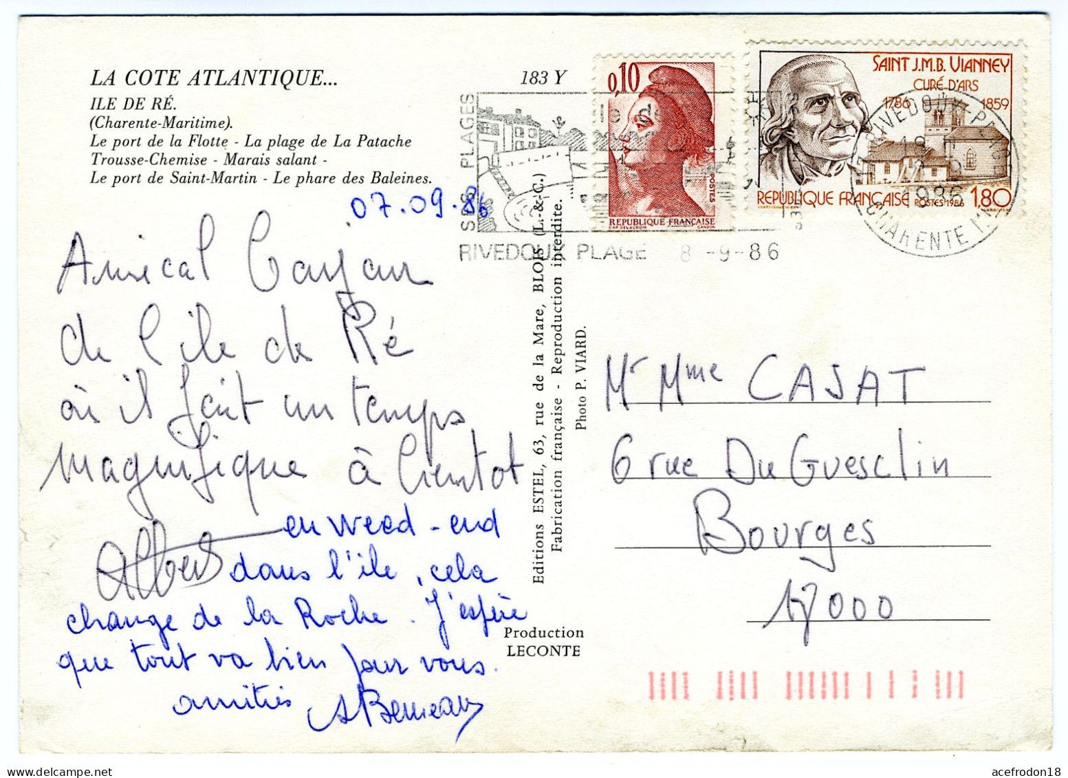 Cpm Île De Ré --> Bourges - Tb 0,10f Type Liberté De Gandon - Tb 1,80f Saint J.M.B. Vianney Curé D'Ars 1986 - Used Stamps