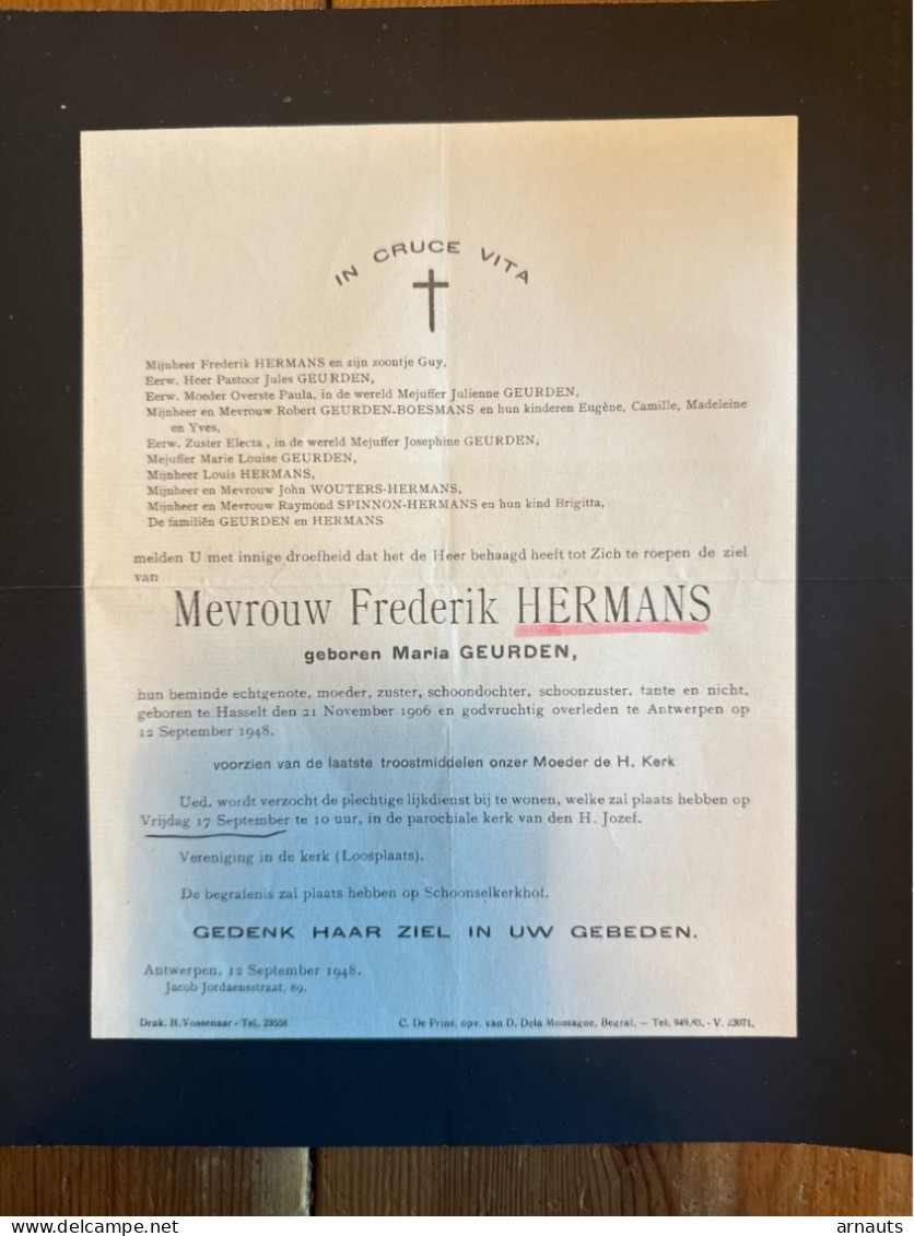 Mevr Frederik Hermans Geb. Geurden *1906 Hasselt +1948 Antwerpen Schoonselhof Boesmans Spinnon Wouters - Todesanzeige